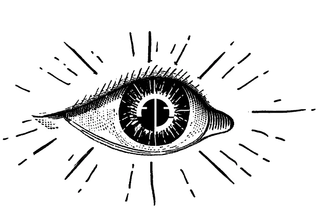 Illustration d'un œil entouré de rayons, à l'encre noire